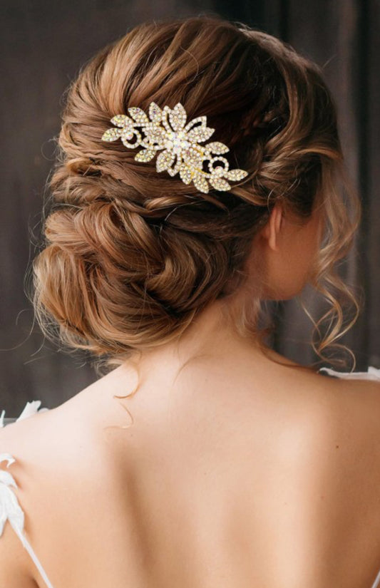 Exquisite Rhinestone Flower Leaf Hair Comb (Gold)